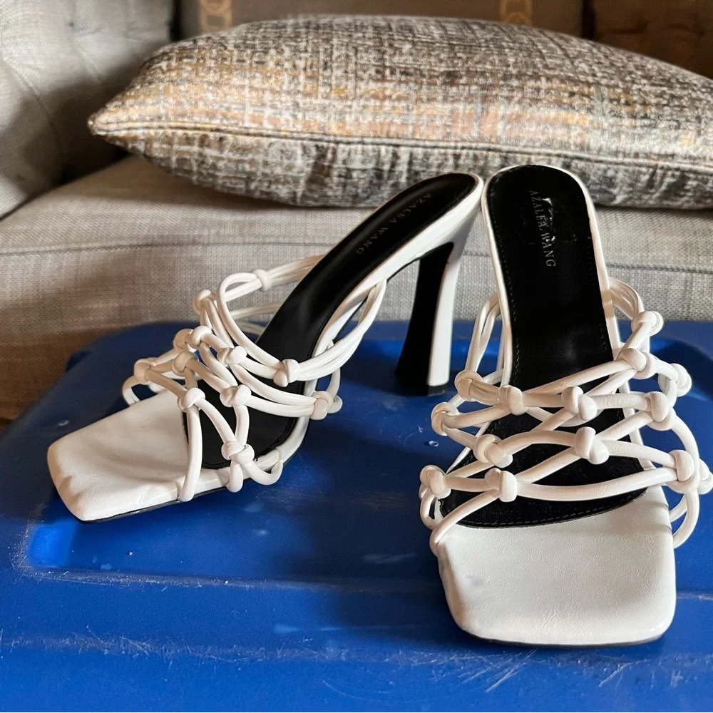 White High Heel Strappy Mules